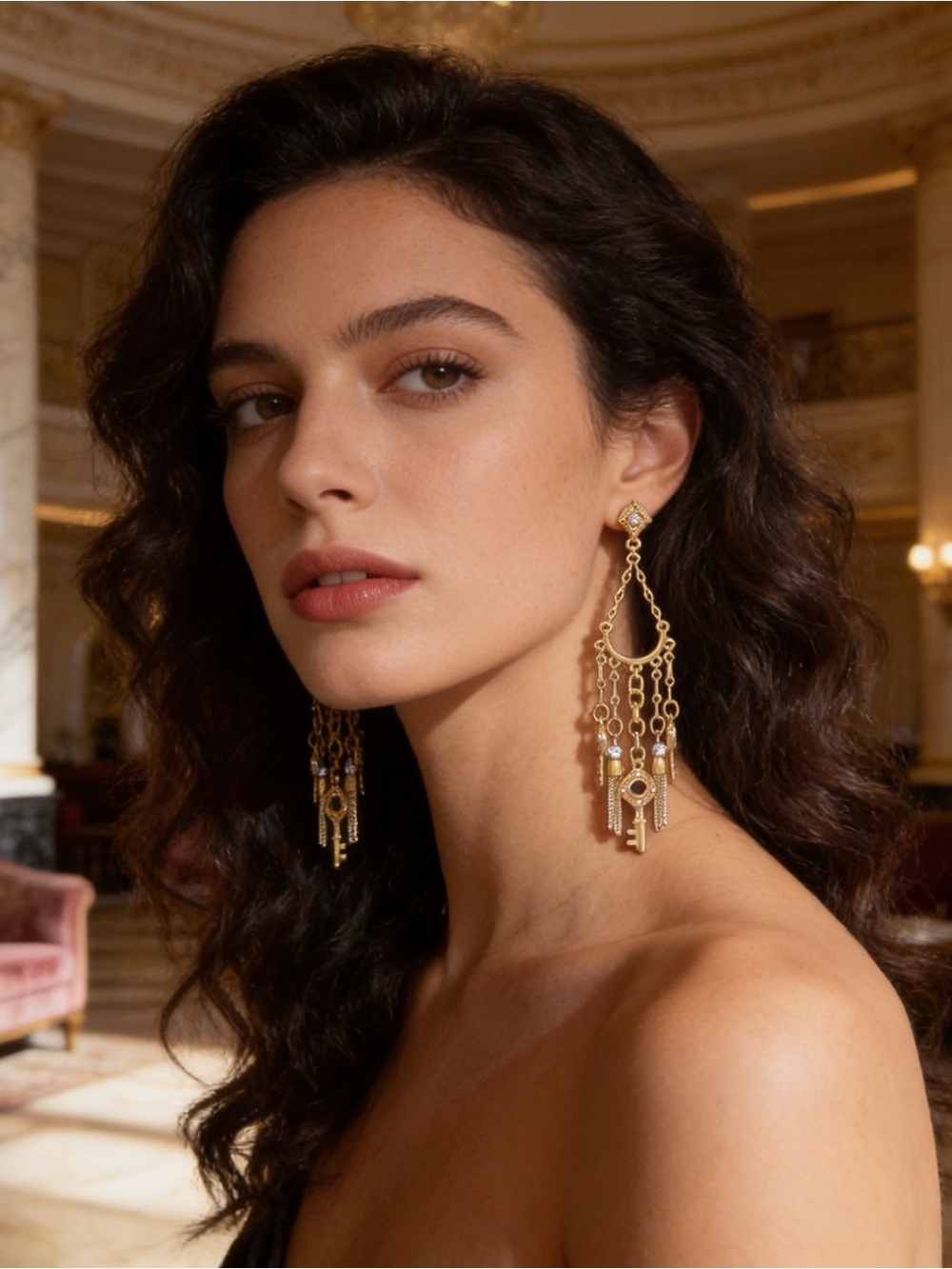 Goldtone Heart Charm Tassel Dangle Earrings with Rhinestone Accents
